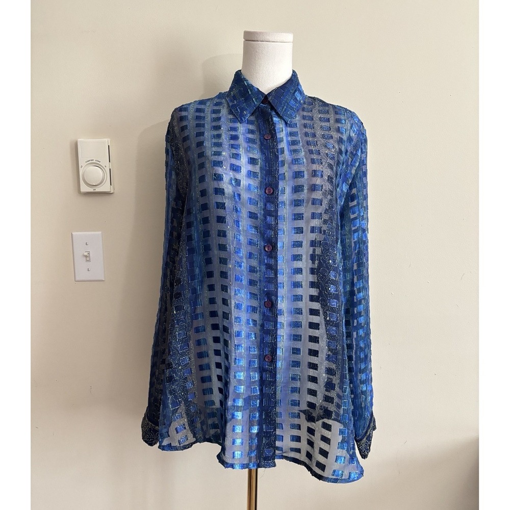 Notations Womens XL Y2K Sheer Chiffon Button Up Top Blue Yellow 90s Party Funky